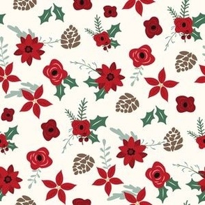 SMALL christmas floral fabric - christmas poinsettia fabric, holly, red florals
