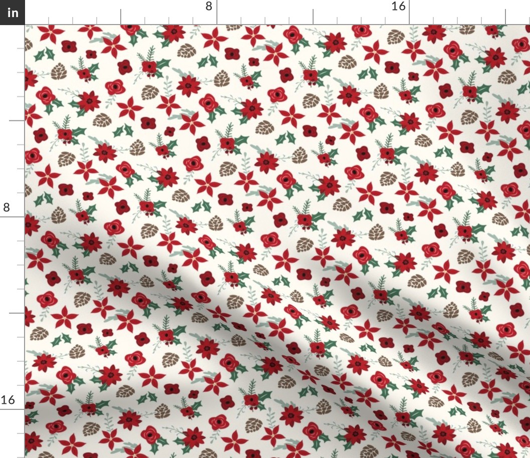SMALL christmas floral fabric - christmas poinsettia fabric, holly, red florals