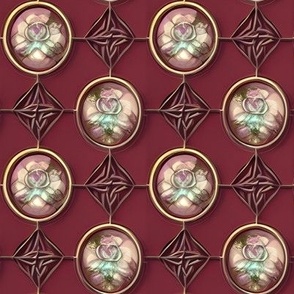 Shimmering Floral Medallions Linked in Metalwork on Maroon