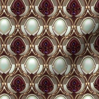 Luminous Pearls and Horizontal Stripes of Carved Indian Rubies Inlaid in Gold