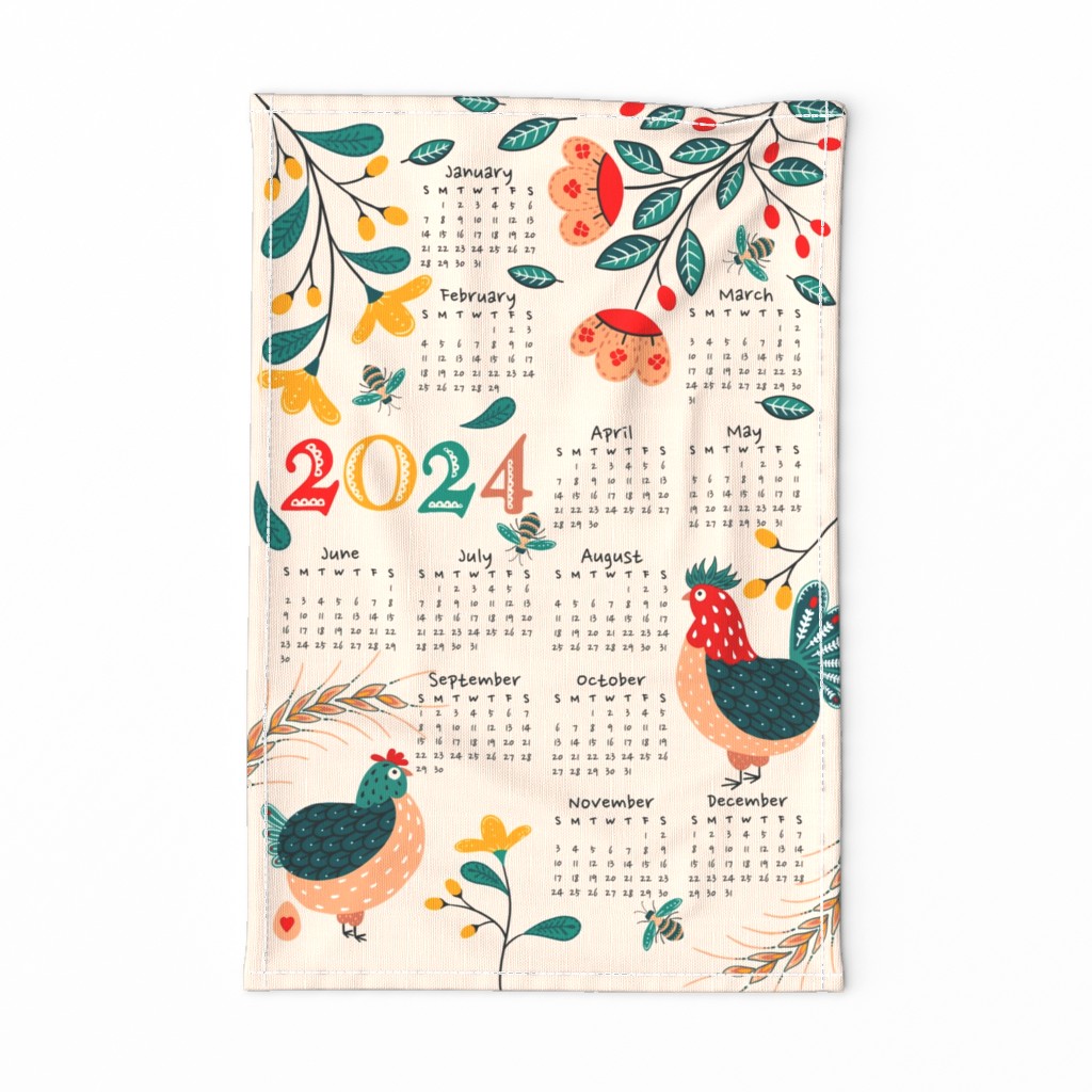 Calendar 2024, chicken rooster and bees Folk Art, kitchen calendar tea towel