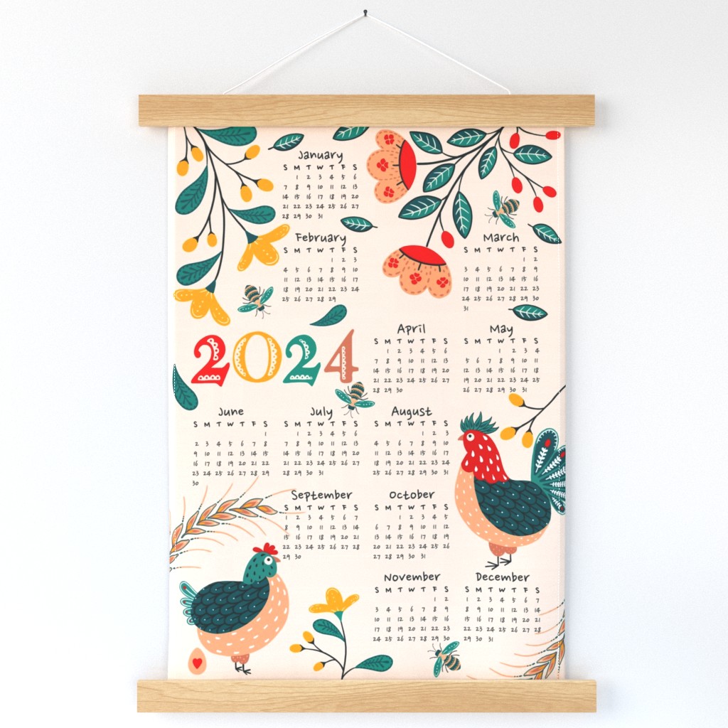 Calendar 2024, chicken rooster and bees Folk Art, kitchen calendar tea towel