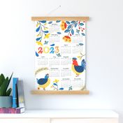 Calendar 2023, chicken rooster and bees Folk Art, from Sunday to Saturday