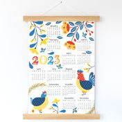 Calendar 2023, chicken rooster and bees Folk Art, from Sunday to Saturday