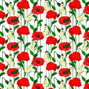 Red poppies, butterflies, white background.