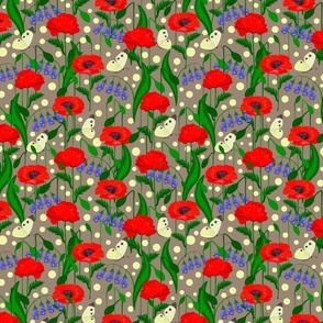 Red poppies, bluebell flowers, butterflies, grey background.