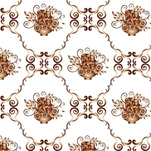 Victorian style, brown floral pattern, white background.