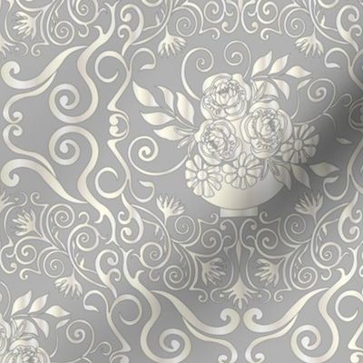 Luxury Victorian style, sılver swırl pattern, grey background.