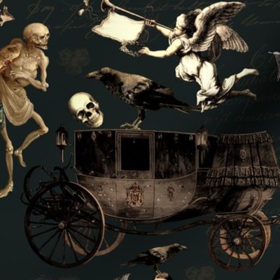  Victorian Nightmare, Edwardian bewitched woman, halloween aesthetic skeletons halloween aesthetic goth wallpaper, skulls, dark green