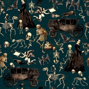  Victorian Nightmare, Edwardian bewitched woman, halloween aesthetic skeletons halloween aesthetic goth wallpaper, skulls, blackest teal