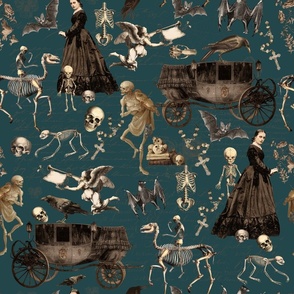  Victorian Nightmare, Edwardian bewitched woman, halloween aesthetic skeletons halloween aesthetic goth wallpaper, skulls, dark teal