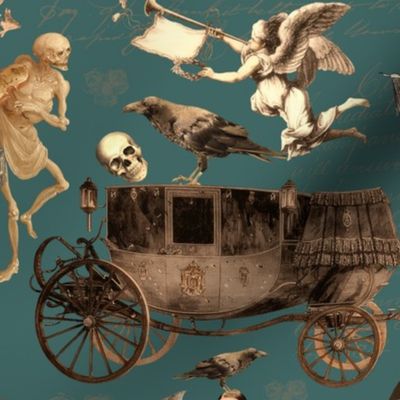  Victorian Nightmare, Edwardian bewitched woman, halloween aesthetic skeletons halloween aesthetic goth wallpaper, skulls, teal