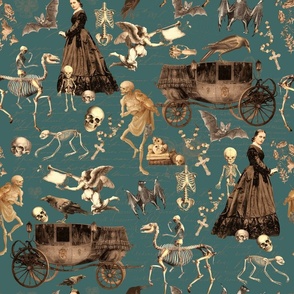  Victorian Nightmare, Edwardian bewitched woman, halloween aesthetic skeletons halloween aesthetic goth wallpaper, skulls, teal