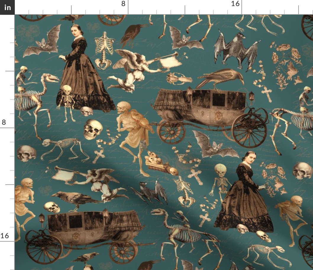  Victorian Nightmare, Edwardian bewitched woman, halloween aesthetic skeletons halloween aesthetic goth wallpaper, skulls, teal