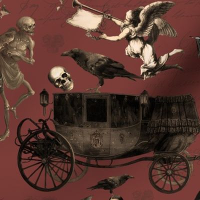  Victorian Nightmare, Edwardian bewitched woman, halloween aesthetic halloween aesthetic goth wallpaper, skulls, red brown 