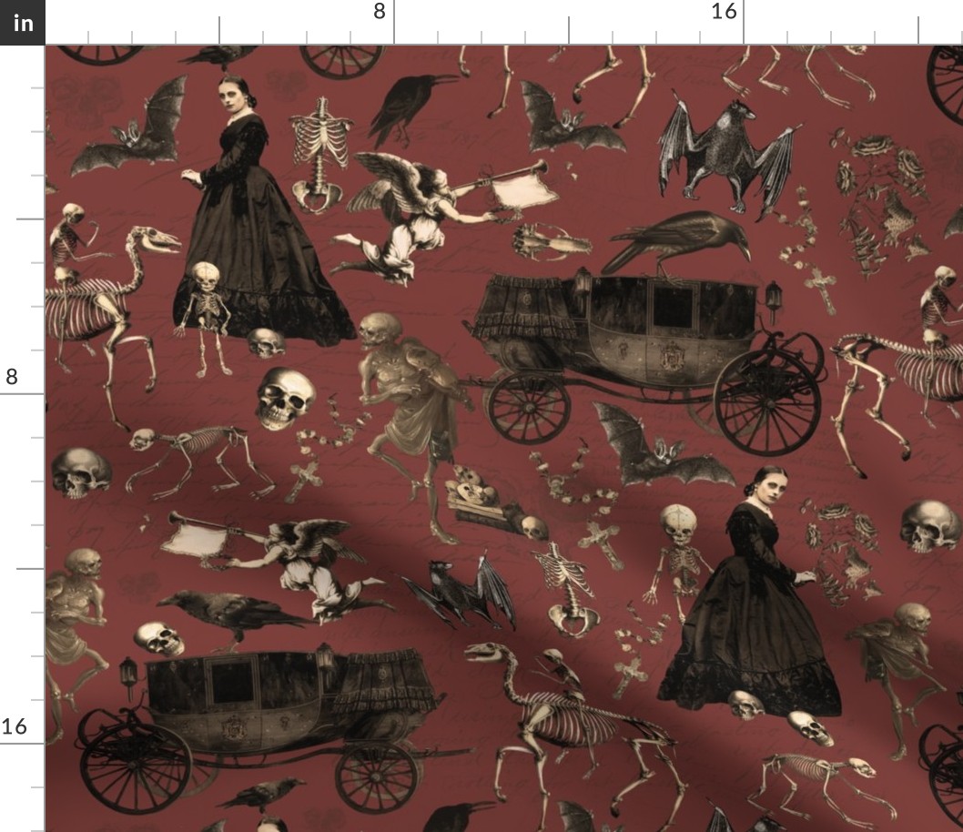  Victorian Nightmare, Edwardian bewitched woman, halloween aesthetic halloween aesthetic goth wallpaper, skulls, red brown 