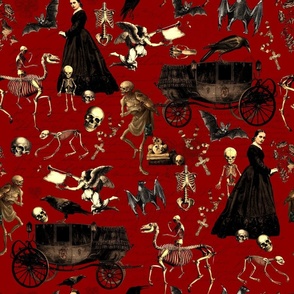  Victorian Nightmare, Edwardian bewitched woman, halloween aesthetic skeletons goth wallpaper, skulls, dark fire red