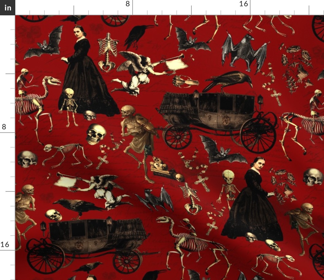  Victorian Nightmare, Edwardian bewitched woman, halloween aesthetic skeletons goth wallpaper, skulls, dark fire red