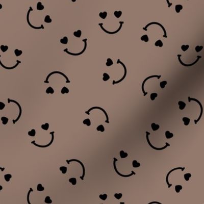 Smiley googly eyes love faces - Nineties retro vibe groovy valentine smileys and hearts design black on latte brown