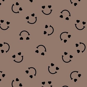 Smiley googly eyes love faces - Nineties retro vibe groovy valentine smileys and hearts design black on latte brown