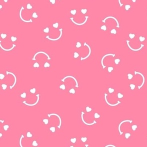 Smiley googly eyes love faces - Nineties retro vibe groovy valentine smileys and hearts design white on pink