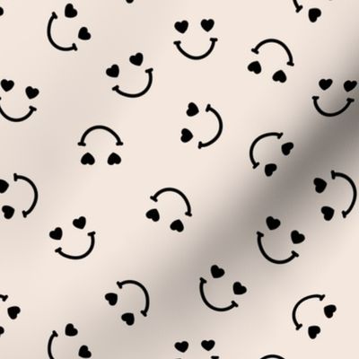 Smiley googly eyes love faces - Nineties retro vibe groovy valentine smileys and hearts design black on ivory