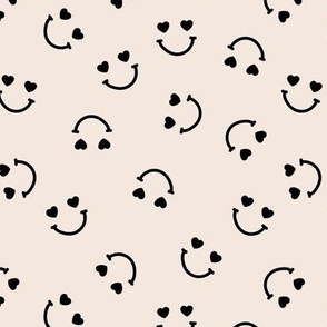 Smiley googly eyes love faces - Nineties retro vibe groovy valentine smileys and hearts design black on ivory