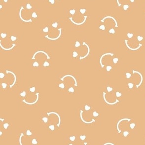 Smiley googly eyes love faces - Nineties retro vibe groovy valentine smileys and hearts design soft camel yellow