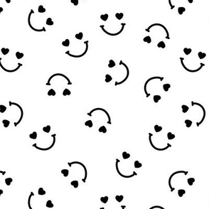 Smiley googly eyes love faces - Nineties retro vibe groovy valentine smileys and hearts design black on white monochrome