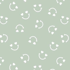 Smiley googly eyes love faces - Nineties retro vibe groovy valentine smileys and hearts design white on sage green mint spring
