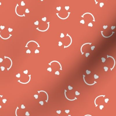 Smiley googly eyes love faces - Nineties retro vibe groovy valentine smileys and hearts design white on burnt orange vintage red