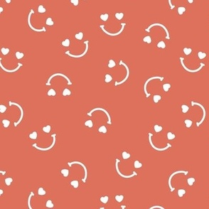 Smiley googly eyes love faces - Nineties retro vibe groovy valentine smileys and hearts design white on burnt orange vintage red