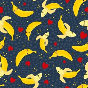 Large Scale Kawaii Happy Face Bananas on Navy