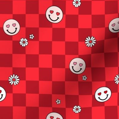 Smileys daisies and hearts on gingham - checkerboard valentine design ruby red