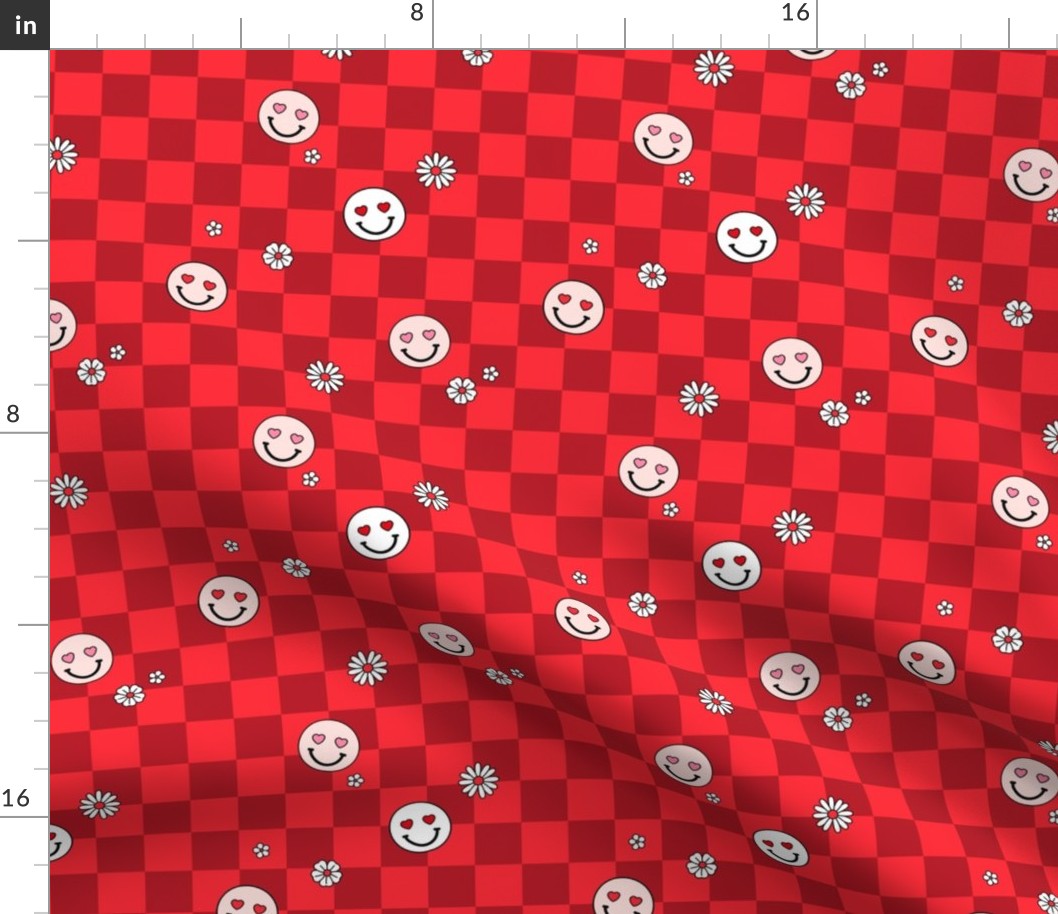 Smileys daisies and hearts on gingham - checkerboard valentine design ruby red