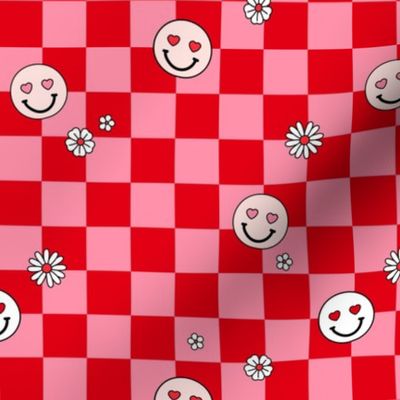 Smileys daisies and hearts on gingham - checkerboard valentine design pink ruby red