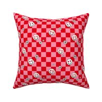Smileys daisies and hearts on gingham - checkerboard valentine design pink ruby red