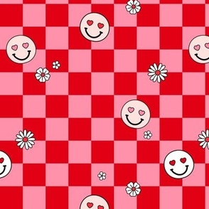 Smileys daisies and hearts on gingham - checkerboard valentine design pink ruby red