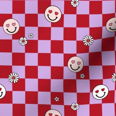 Smileys daisies and hearts on gingham - checkerboard valentine design lilac purple burgundy red