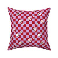 Smileys daisies and hearts on gingham - checkerboard valentine design lilac purple burgundy red