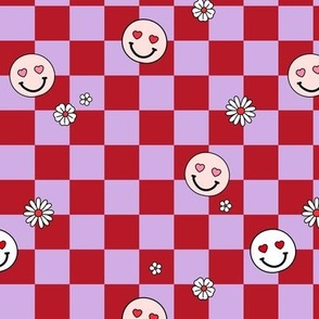 Smileys daisies and hearts on gingham - checkerboard valentine design lilac purple burgundy red