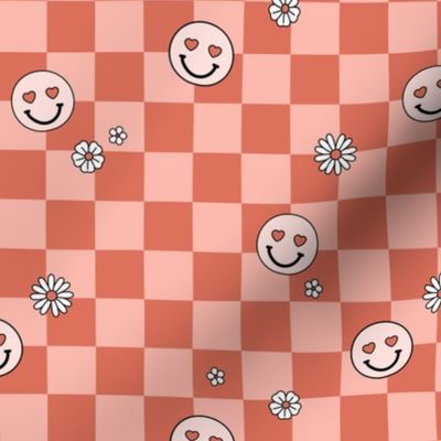 Smileys daisies and hearts on gingham - checkerboard valentine design seventies vintage beige orange