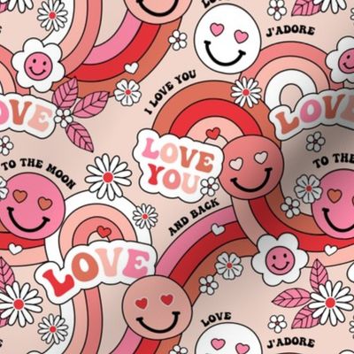 Groovy retro valentine smileys - I love you to the moon and back smiley flower power daisies and rainbows vintage red seventies girls pink beige blush palette