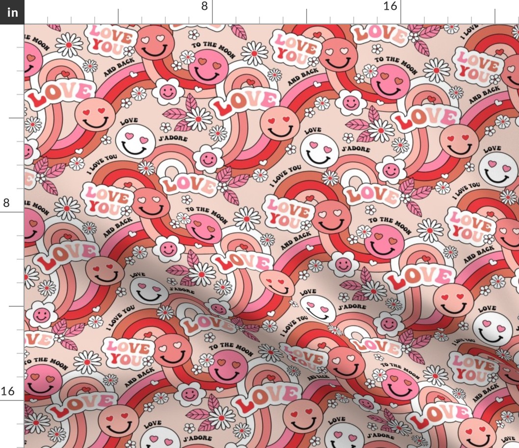 Groovy retro valentine smileys - I love you to the moon and back smiley flower power daisies and rainbows vintage red seventies girls pink beige blush palette