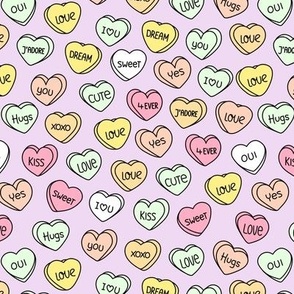 Sweet pop sugar candy hearts for valentine - cutesy love snacks vintage style nineties lilac pink mint yellow pastel palette