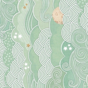 Cozy Night Sky Jade Green Large Rotated- Full Moon and Stars Over the Clouds- Mint- Pastel Green- Neutral- Relaxing Home Decor- Nursery Wallpaper