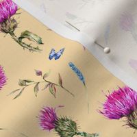 Watercolor Thistle Flowers and Blue Butterflies on Yellow