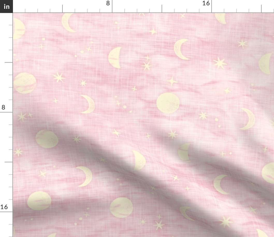 Shibori Moons and Stars in Soft Pink and Yellow (xl scale) | Evening sky fabric, block printed moon on linen pattern, crescent moon, arashi shibori linen, rose pink and cream.