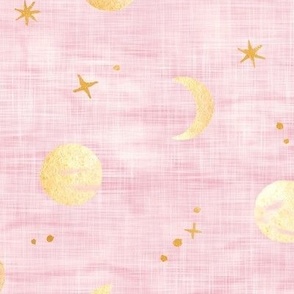 Shibori Moons and Stars in Soft Pink and Gold (xl scale) | Evening sky fabric, block printed moon on linen pattern, crescent moon, arashi shibori linen, rose gold stars.