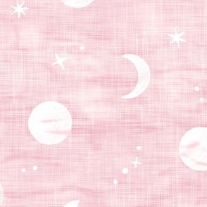 Shibori Moons and Stars in Soft Pink (xl scale) | Evening sky fabric, block printed moon on linen pattern, crescent moon, arashi shibori linen, rose pink and white.